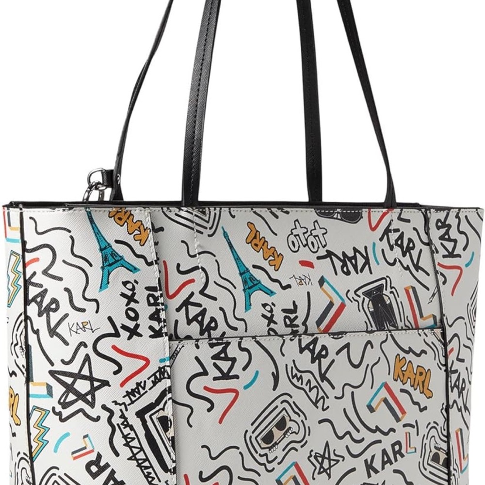 Karl Lagerfeld White Graffiti-Print Tote with Black Handles